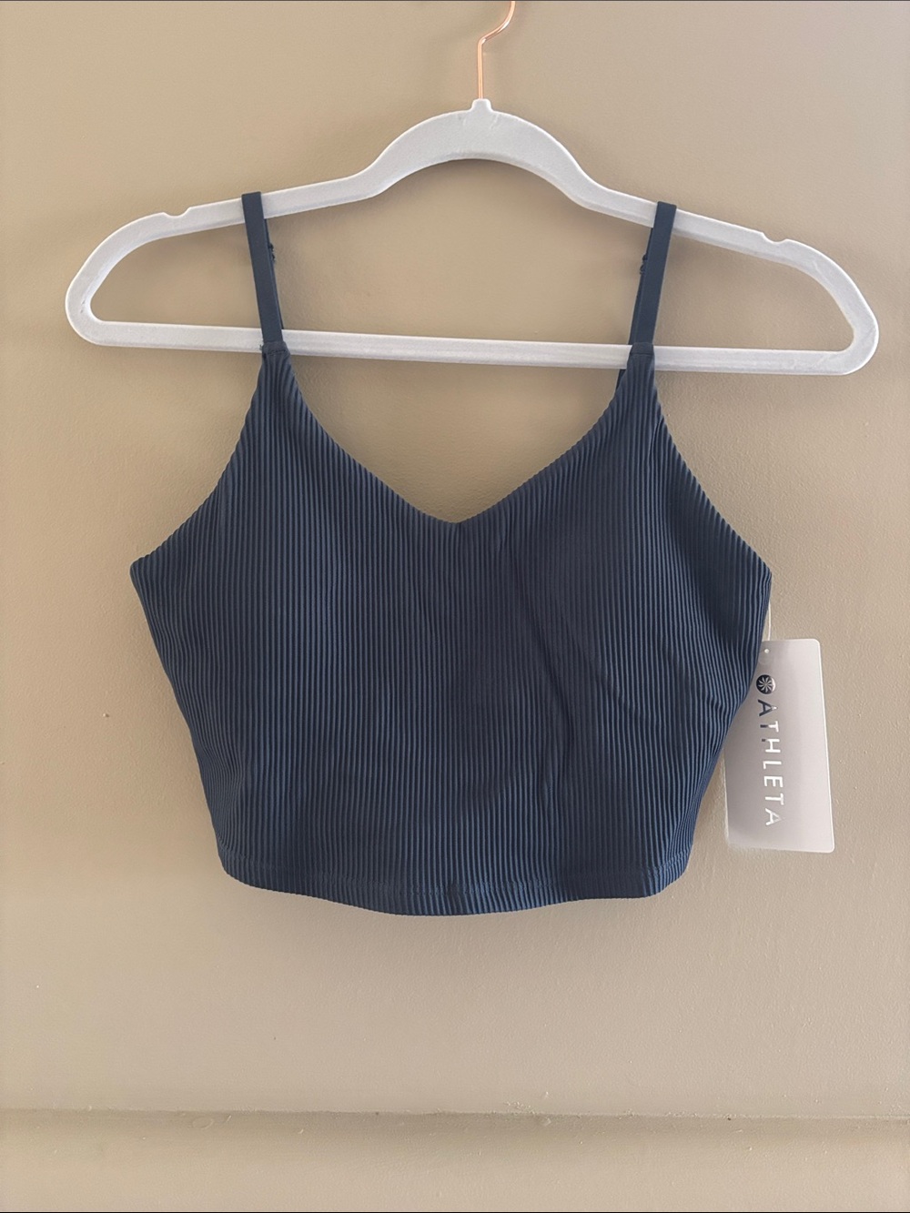 Athleta Elation V-Neck Rib Longline Bra. Granite Blue. Small. NWT.